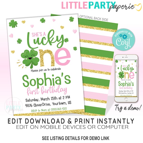 EDITABLE St. Patrick's Lucky ONE Birthday Invitation Template, Lucky One Invitation, Shamrock, Clover, CORJL Template, Design 20007C