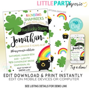 EDITABLE St. Patrick's Birthday Invitation Template, Lucky Charm Birthday Invitation, St. Patrick's Day, CORJL Template, Design 20012C image 1