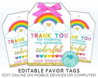 EDITABLE RAINBOW Favor Tags, Rainbow Thank You Tags, Rainbow Tags, Rainbows and Hearts, CORJL Template, Design 19016C