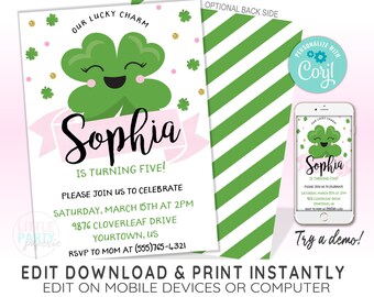 Plantilla EDITABLE de Invitación de Cumpleaños de San Patricio, Invitación de Cumpleaños Lucky Charm, Día de San Patricio, Plantilla CORJL, Diseño 20010C
