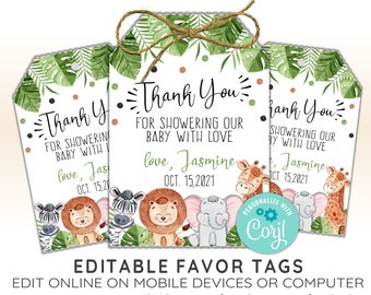Etiquetas EDITABLES Safari Favor, Etiquetas de Agradecimiento Safari, Etiquetas de Agradecimiento Baby Shower, Etiquetas de Agradecimiento Selva, Plantilla CORJL, Diseño 20015C