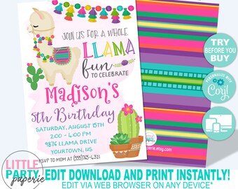 EDITABLE Llama Birthday Invitation Template, Whole Llama Fun, Cactus, Alpaca, Fiesta, EDITABLE Invitation, CORJL Template, Design 19011C