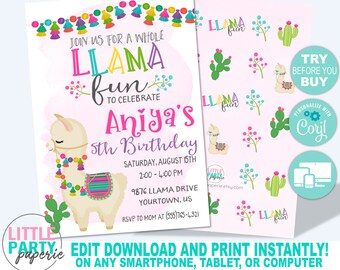EDITABLE Llama Birthday Invitation Template, Whole Llama Fun, Cactus, Alpaca, Fiesta, EDITABLE Invitation, CORJL Template, Design 19010C