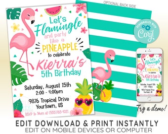 EDITABLE Flamingo Birthday Invitation, Flamingle Invite, Pineapple Party Invitation, Tropical Invite, Aloha, CORJL Template, Design 19061C