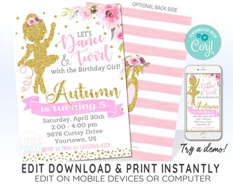 EDITABLE Ballerina Birthday Invitation, Ballet Invitation, Dance Invite, TuTu, EDITABLE Ballerina Invitation, CORJL Template, Design 19006C