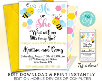 EDITABLE Bee Gender Reveal Invitation Template, Gender Reveal Invitation, What Will Baby Bee, CORJL Invitation Template, Design 19025C