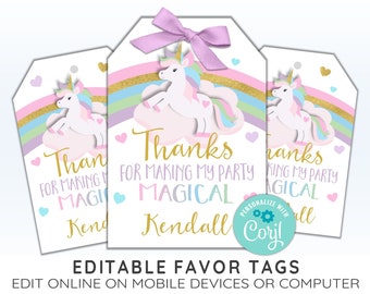EDITABLE Unicorn Rainbow Favor Tags, Unicorn Thank You Tags, Unicorn Tags, CORJL Template, Design 18023C