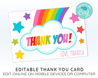 Editable RAINBOW Thank You Cards, Rainbow Printables, EDITABLE Rainbow Template, CORJL Template, Design 19005C