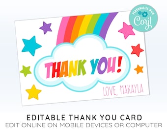 Puede incluir: Tarjeta de agradecimiento editable con un arcoíris, una nube y estrellas. El texto "THANK YOU!" está en una fuente colorida. El texto "LOVE, MAKAYLA" está en la parte inferior de la tarjeta. El texto "PERSONALIZE WITH Coril" está en un círculo con engranajes.