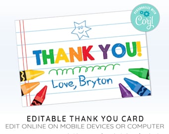 Editable CRAYONS Thank You Cards, Rainbow Crayons Thank You Card, EDITABLE Crayons Card Template, CORJL Template, Design 19012C