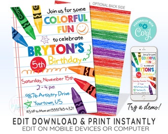 EDITABLE Crayon Art Rainbow Party Birthday Invitation Template, Crayon Art Rainbow Editable Invitation, CORJL Template, Design 19012C