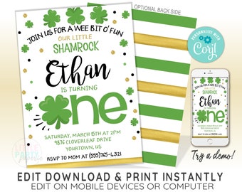 EDITABLE St. Patrick First Birthday Invitation Template, St Patrick Invitation, Shamrock, First Birthday, CORJL Template, Design 20013C