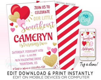 EDITABLE Valentine Birthday Invitation Template, Sweetheart Birthday Invitation, Hearts Birthday Invitation, CORJL Template, Design 20005C