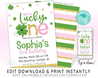 Plantilla EDITABLE de invitación de cumpleaños Lucky ONE de San Patricio, invitación Lucky One, trébol, plantilla CORJL, diseño 20007C
