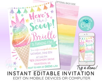 Invitación EDITABLE de Cumpleaños de Helado de Unicornio Arcoíris, Invitación de Helado, Arco Iris, Invitación EDITABLE, Plantilla CORJL, Diseño 19007C