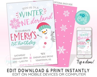 EDITABLE Winter ONEderland Invitation Template for Girls, Snowman Birthday Invite, First Birthday Invitation, CORJL Template, Design 19056C