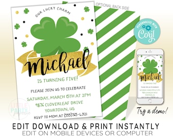 Plantilla EDITABLE de invitación de cumpleaños de San Patricio, Invitación de cumpleaños Lucky Charm, Día de San Patricio, Plantilla CORJL, Diseño 20014C