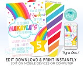 RAINBOW Birthday Party Invitation, Rainbow Party Invitation Template, EDITABLE Rainbow Invitation, CORJL Invitation Template, Design 19005C