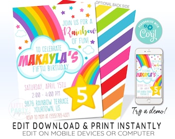 REGENBOOG uitnodiging voor verjaardagsfeestje, Rainbow Party uitnodiging sjabloon, BEWERKBARE Rainbow uitnodiging, CORJL uitnodiging sjabloon, ontwerp 19005C