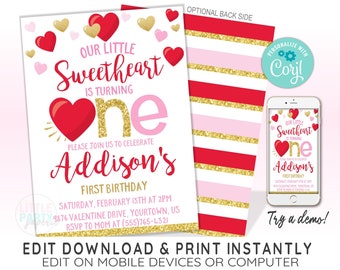 Plantilla EDITABLE de invitación de 1er cumpleaños de San Valentín, Invitación de Little Sweetheart, Invitación de primer cumpleaños, Plantilla CORJL, Diseño 20004C