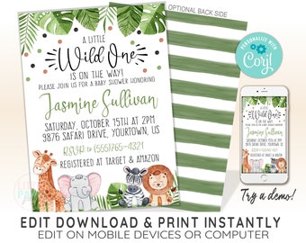 Invitación EDITABLE de Baby Shower de Animales de Safari, Invitación de Animales de la Selva, Hojas Tropicales, Vegetación, Plantilla CORJL, Diseño 20015C