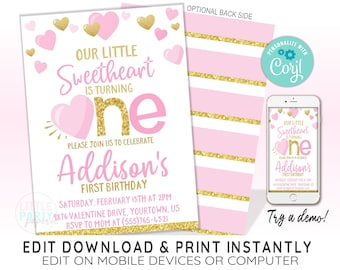 EDITABLE Valentine's 1st Birthday Invitation Template, Pink and Gold Hearts, First Birthday Invitation, CORJL Template, Design 20001C