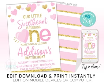 Plantilla EDITABLE de Invitación de 1er Cumpleaños de San Valentín, Corazones Rosados y Dorados, Invitación de Primer Cumpleaños, Plantilla CORJL, Diseño 20001C