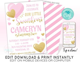 EDITABLE Valentine Birthday Invitation Template, Pink and Gold Hearts, Sweetheart, Birthday Invitation, CORJL Template, Design 20003C