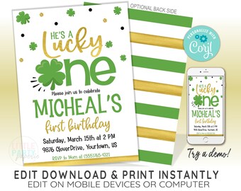 Plantilla EDITABLE de invitación de cumpleaños Lucky ONE de San Patricio, invitación Lucky One, trébol, plantilla CORJL, diseño 20011C