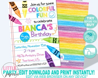 Plantilla EDITABLE de Invitación de Cumpleaños para Fiesta de Crayon Art para Niñas, Arco Iris Colorido de Arte de Crayón Pastel, Plantilla CORJL, Diseño 19013C