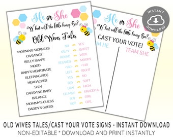 Bee Gender Reveal Old Wives Tale & Cast Your Vote Signs - INSTANT DOWNLOAD, Bee Gender Reveal Signs. What Will Baby Bee, Design 19025C