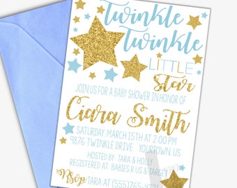 May include: A baby shower invitation with a blue and gold star theme. The invitation reads "Twinkle Twinkle Little Star" and includes the name "Ciara Smith".