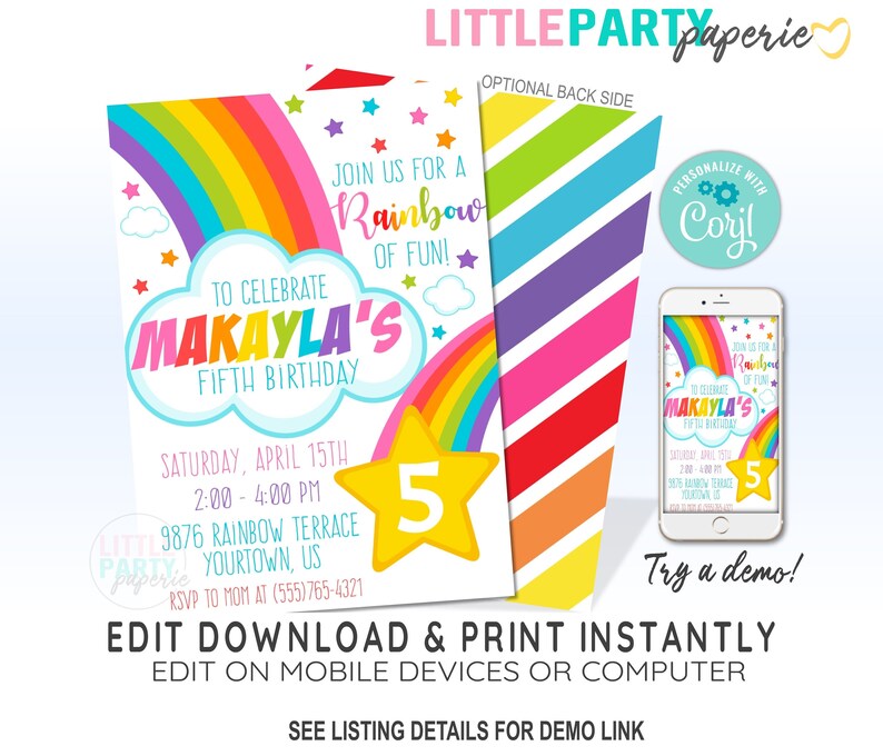 RAINBOW Birthday Party Invitation, Rainbow Party Invitation Template, EDITABLE Rainbow Invitation, CORJL Invitation Template, Design 19005C image 1