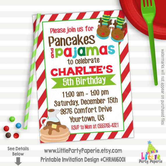 Pancakes and Pajamas Chrismas Birthday Invitation | Holiday Birthday | Printable Birthday Invitation | Design CHRM16001 Il_570xn