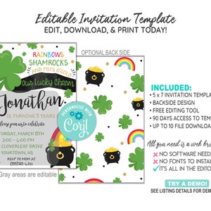 EDITABLE St. Patrick's Birthday Invitation Template, Lucky Charm Birthday Invitation, St. Patrick's Day, CORJL Template, Design 20012C image 2