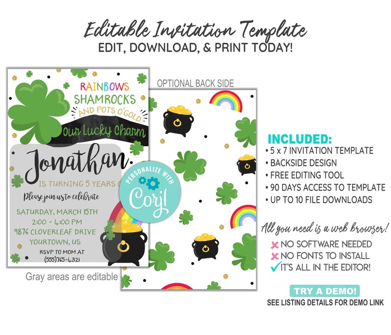 EDITABLE St. Patrick's Birthday Invitation Template, Lucky Charm Birthday Invitation, St. Patrick's Day, CORJL Template, Design 20012C image 2