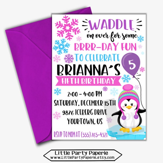 Penguin Birthday Invitation | Winter Birthday Invitation | Girl Birthday Invitation | Digital Invitation |Design 17082 Il_570xn