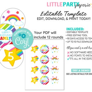 Editable RAINBOW Birthday Cupcake Toppers, Rainbow Printables, EDITABLE ...