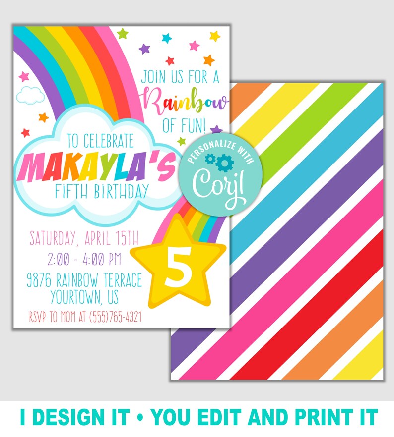 RAINBOW Birthday Party Invitation, Rainbow Party Invitation Template, EDITABLE Rainbow Invitation, CORJL Invitation Template, Design 19005C image 2