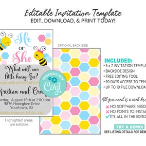 EDITABLE Bee Gender Reveal Invitation Template, Gender Reveal Invitation, What Will Baby Bee, CORJL Invitation Template, Design 19025C image 2