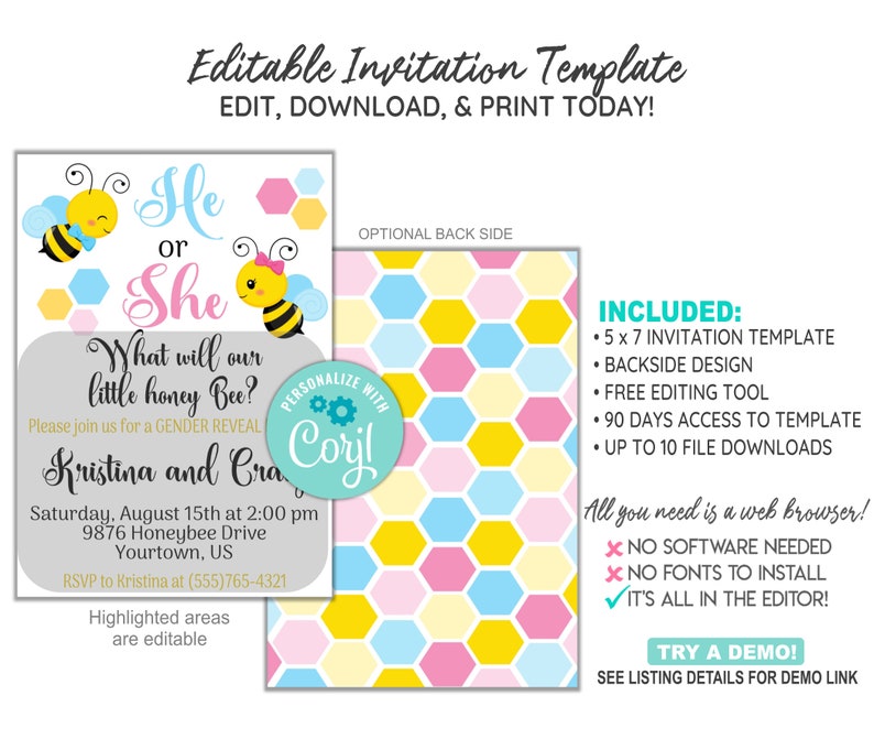 EDITABLE Bee Gender Reveal Invitation Template, Gender Reveal Invitation, What Will Baby Bee, CORJL Invitation Template, Design 19025C image 2