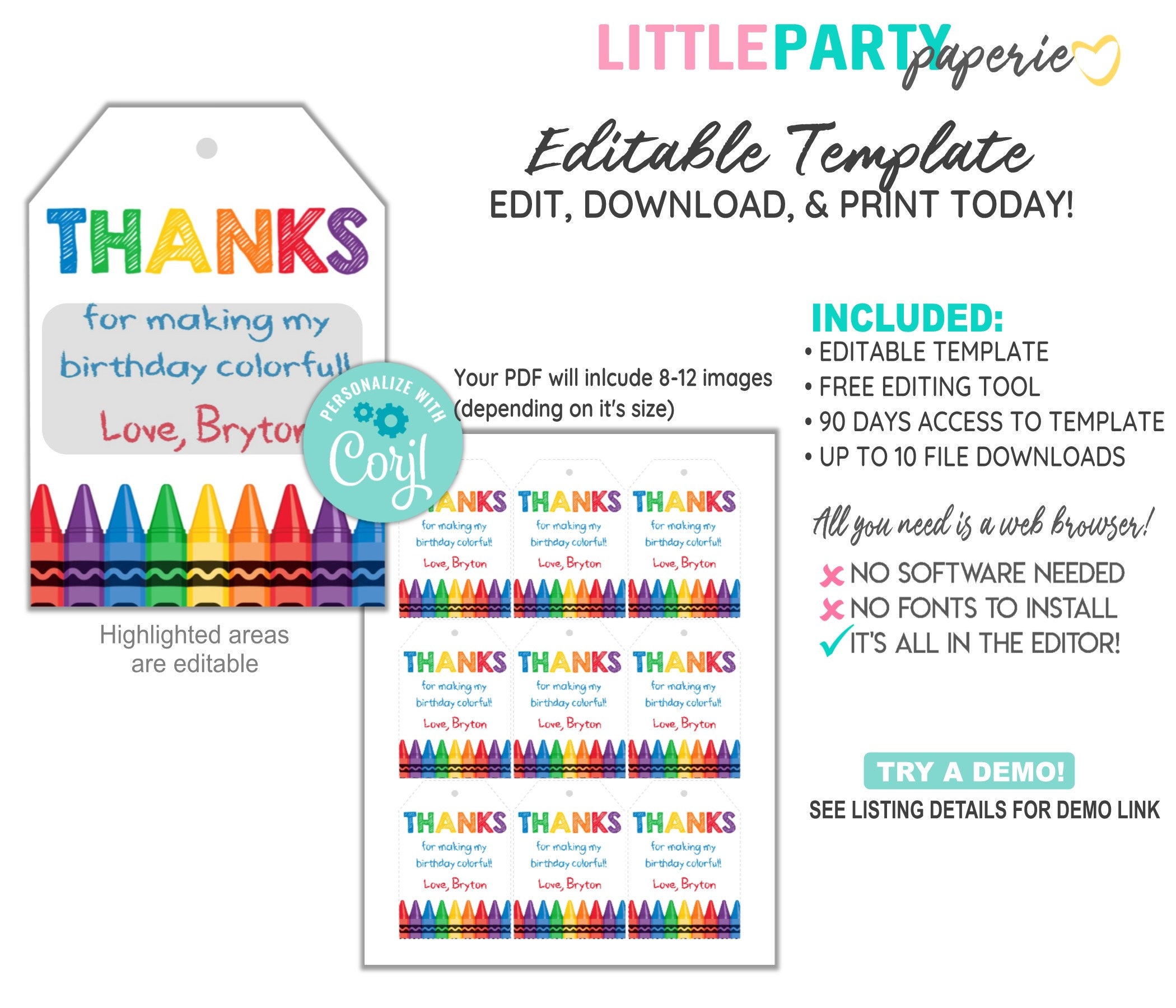 Editable CRAYON Favor Tags, Crayon Thank You Tags, Editable Crayon ...