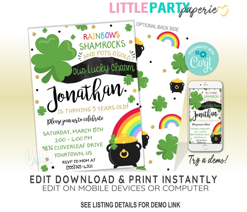 EDITABLE St. Patrick's Birthday Invitation Template, Lucky Charm Birthday Invitation, St. Patrick's Day, CORJL Template, Design 20012C image 1