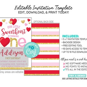 EDITABLE Valentine's 1st Birthday Invitation Template, Little Sweetheart Invitation, First Birthday Invitation,CORJL Template, Design 20004C image 2