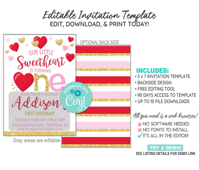EDITABLE Valentine's 1st Birthday Invitation Template, Little Sweetheart Invitation, First Birthday Invitation,CORJL Template, Design 20004C image 2