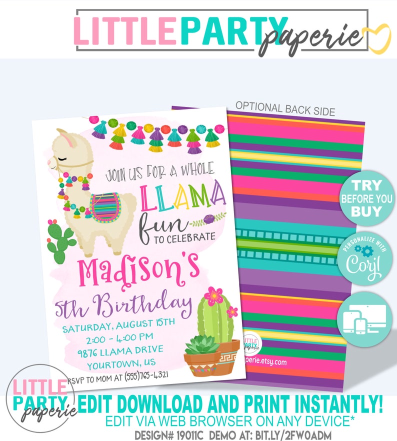 Whole Llama Fun CORJL Template EDITABLE Invitation Cactus Fiesta Design 19011C EDITABLE Llama Birthday Invitation Template Alpaca