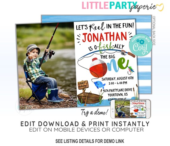 EDITABLE Fishing Birthday Invitation for 1st Birthday, Ofishally One, The Big ONE, Photo Invitation, Fishing Invite, CORJL Template, 19038CP Il_570xn