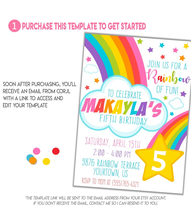 RAINBOW Birthday Party Invitation, Rainbow Party Invitation Template, EDITABLE Rainbow Invitation, CORJL Invitation Template, Design 19005C image 4