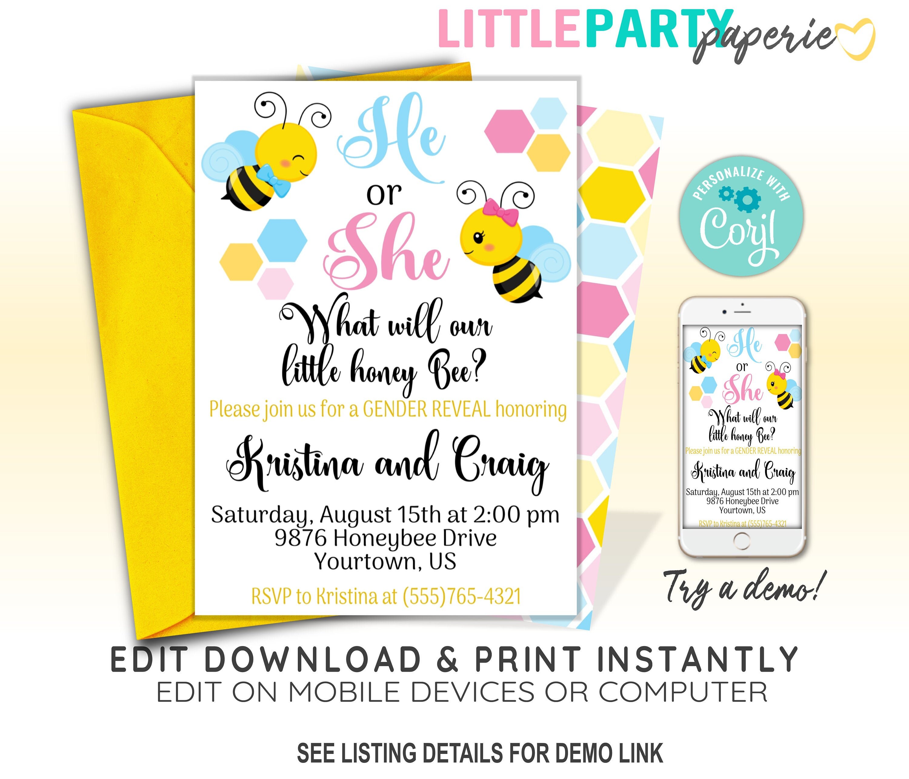 Editable Bee Gender Reveal Invitation Template Gender Reveal Etsy