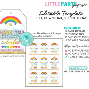 EDITABLE RAINBOW Favor Tags, Rainbow Thank You Tags, Rainbow Tags, Rainbows and Hearts, CORJL Template, Design 19016C image 2